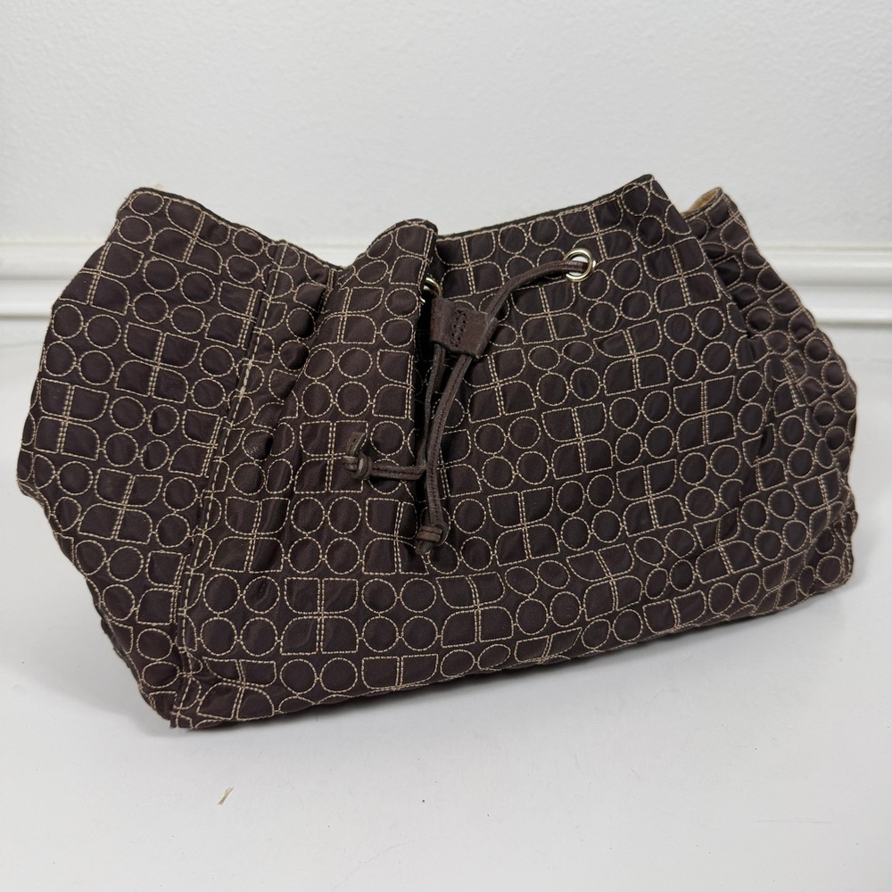 Kate Spade Womens Brown Quilted Nylon Shoulder Bag Hobo Drawstring Geometric